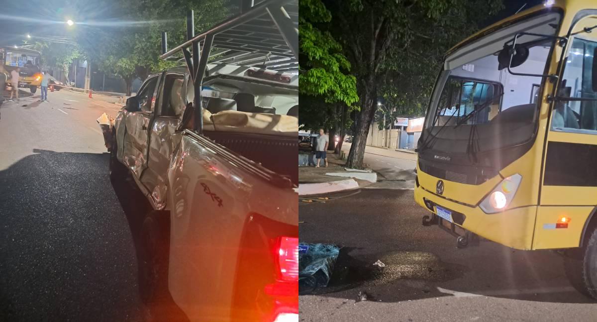Ônibus escolar com 21 alunos se envolve em acidente com caminhonete no centro de Porto Velho